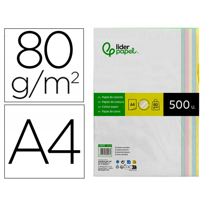 Papier couleur liderpapel multifonction a4 80g/m2 5 coloris assortis jaune bleu crème rose vert 500 feuilles