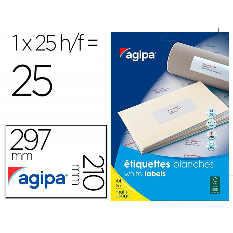 Etiquette multi-usage apli agipa format a4 210x297mm coins droits 25 feuilles 25 unites