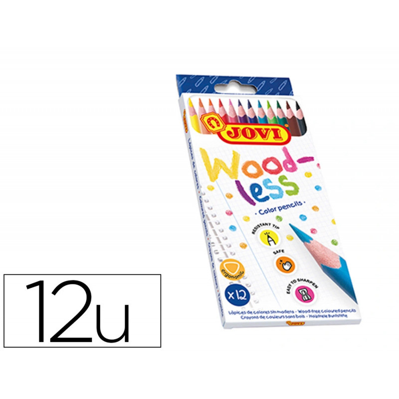 Crayon couleur jovi woodless triangulaire mine resistante haut pouvoir couvrant inodore couleurs vives etui 12 unites
