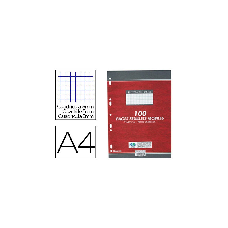 Feuillet mobile conquérant sept a4 210x297mm 100 pages 90g 5x5mm perforé coloris blanc