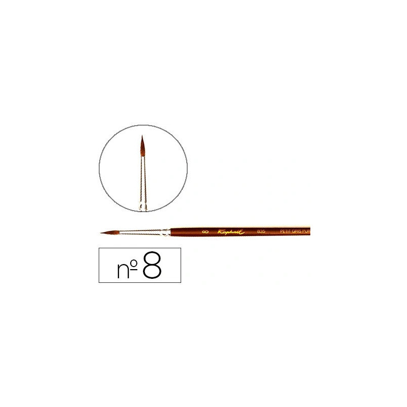 Pinceau raphaël petit gris pur nº8 manche court laqué marron virole aluminium anodisé