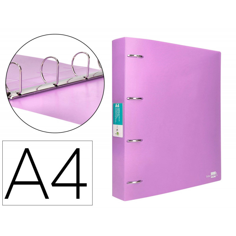 Classeur liderpapel 4 anneaux 40mm a4 polypropylene dos 55mm porte-cartes de visite coloris lavande