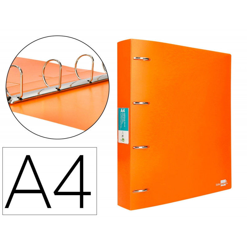 Classeur liderpapel 4 anneaux 40mm a4 polypropylene dos 55mm porte-cartes de visite coloris orange fluo