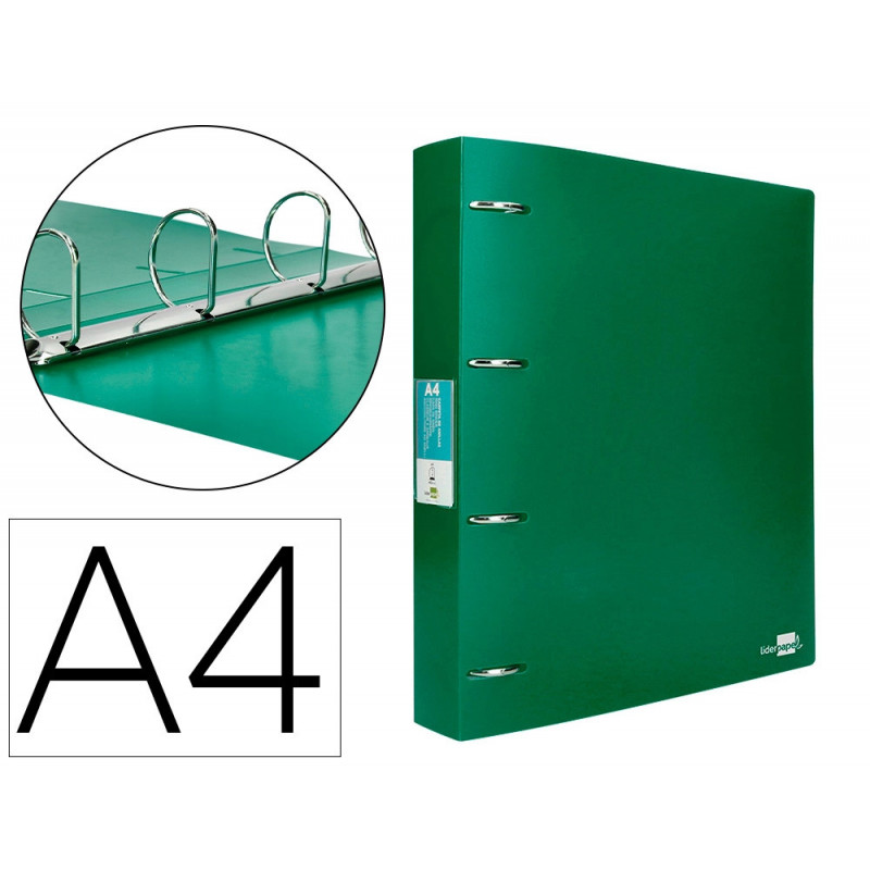 Classeur liderpapel 4 anneaux 40mm a4 polypropylene dos 55mm porte-cartes de visite coloris vert translucide
