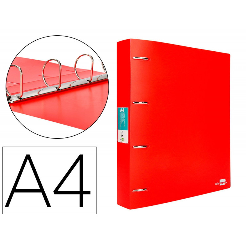 Classeur liderpapel 4 anneaux 40mm a4 polypropylene dos 55mm porte-cartes de visite coloris rouge translucide