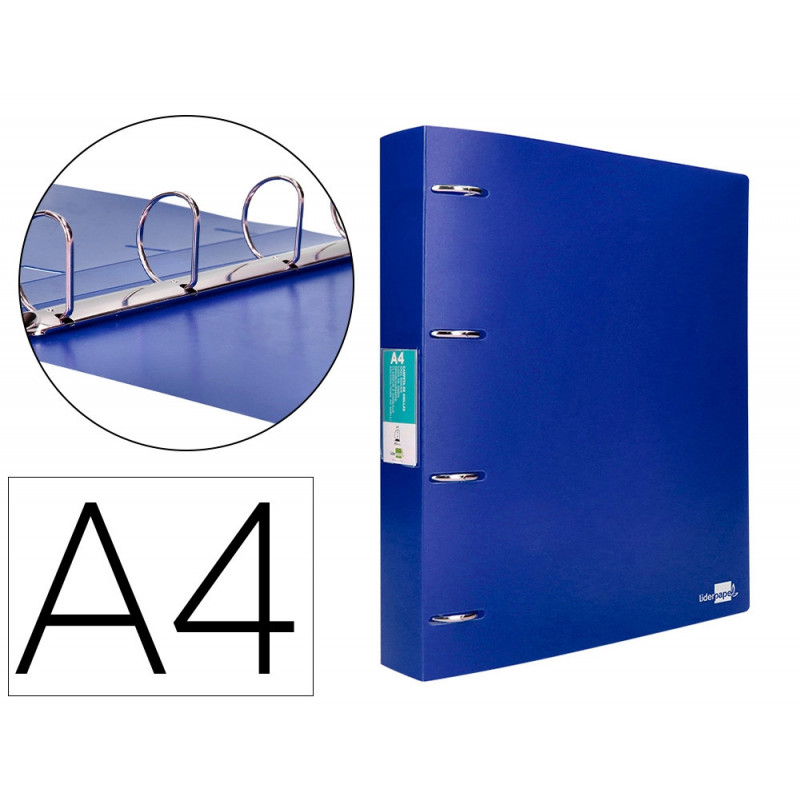 Classeur liderpapel 4 anneaux 40mm a4 polypropylene dos 55mm porte-cartes de visite coloris bleu translucide