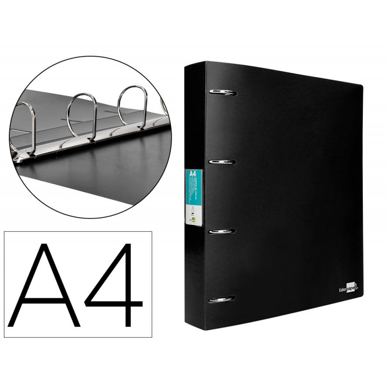 Classeur liderpapel 4 anneaux 40mm a4 polypropylene dos 55mm porte-cartes de visite coloris noir opaque