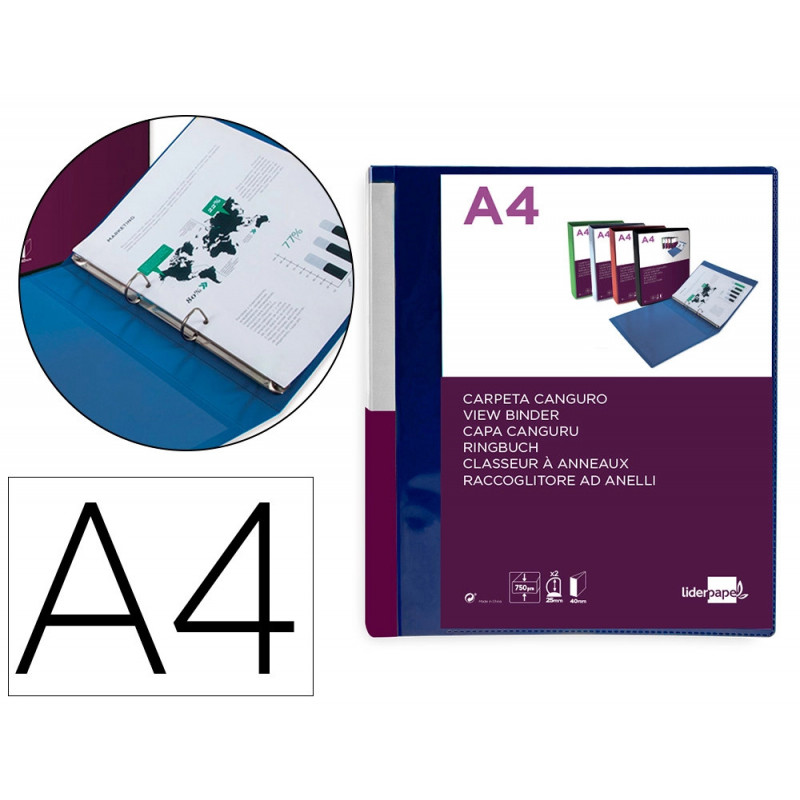 Classeur kangourou liderpapel 2 anneaux en d 25mm polypropylene 283x320mm document a4 coloris bleu