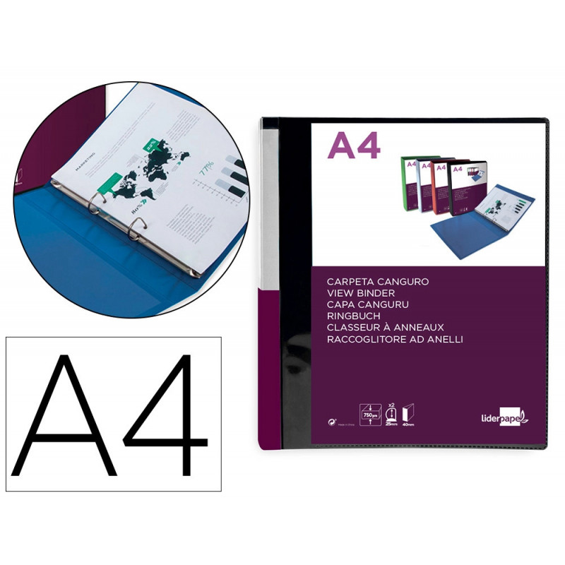 Classeur kangourou liderpapel 2 anneaux en d 25mm polypropylene 283x320mm document a4 coloris noir