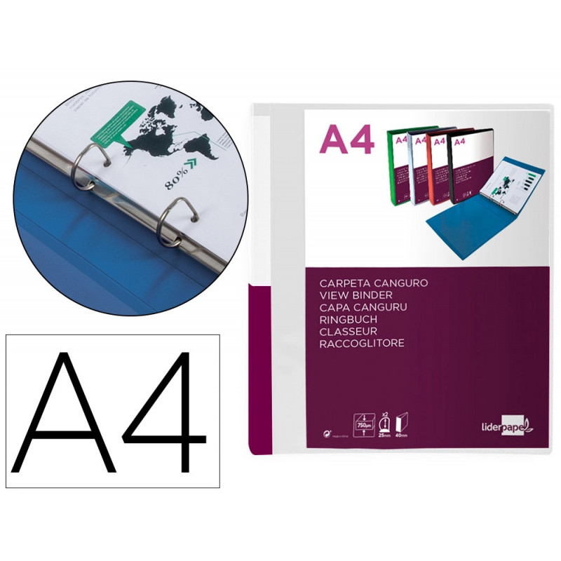 Classeur kangourou liderpapel 2 anneaux en d 25mm polypropylene 283x320mm document a4 coloris