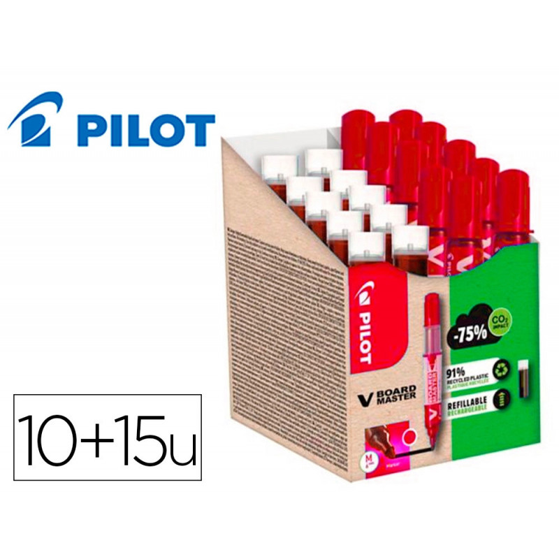Pack pilot v-board master 10 marqueurs effacables a sec pointe conique moyenne 10 recharges 5 offertes coloris rouge