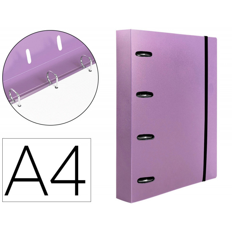 Classeur liderpapel 4 anneaux en d 25mm a4 polypropylene feuillets mobiles 100f 5x5mm coloris lavande