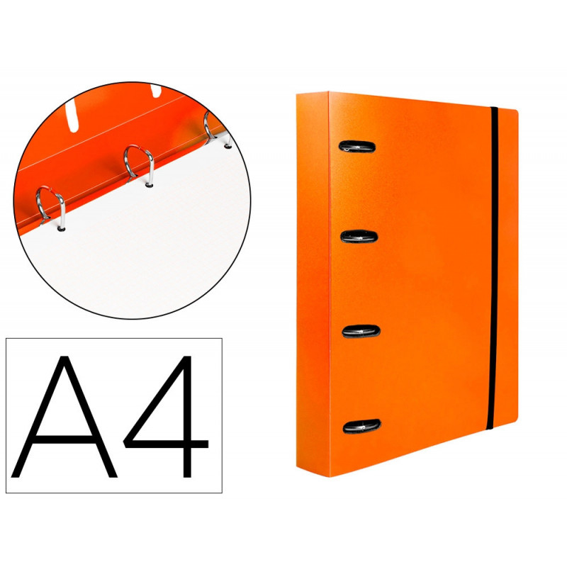Classeur liderpapel 4 anneaux en d 25mm a4 polypropylene feuillets mobiles 100f 5x5mm coloris orange fluo