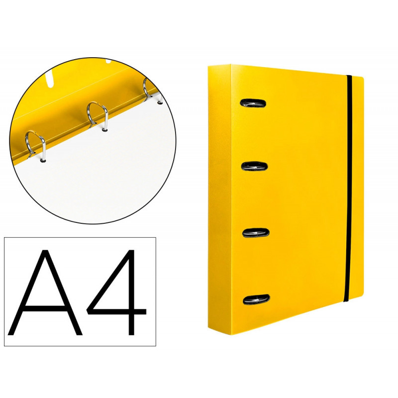 Classeur liderpapel 4 anneaux en d 25mm a4 polypropylene feuillets mobiles 100f 5x5mm coloris jaune fluo