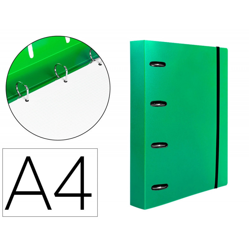 Classeur liderpapel 4 anneaux en d 25mm a4 polypropylene feuillets mobiles 100f 5x5mm coloris vert translucide