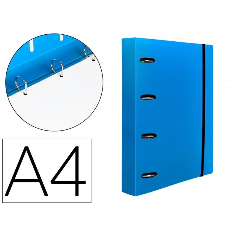 Classeur liderpapel 4 anneaux en d 25mm a4 polypropylene feuillets mobiles 100f 5x5mm coloris bleu translucide