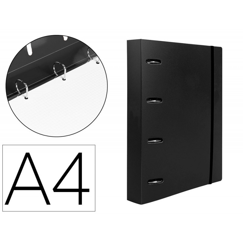 Classeur liderpapel 4 anneaux en d 25mm a4 polypropylene feuillets mobiles 100f 5x5mm coloris noir opaque