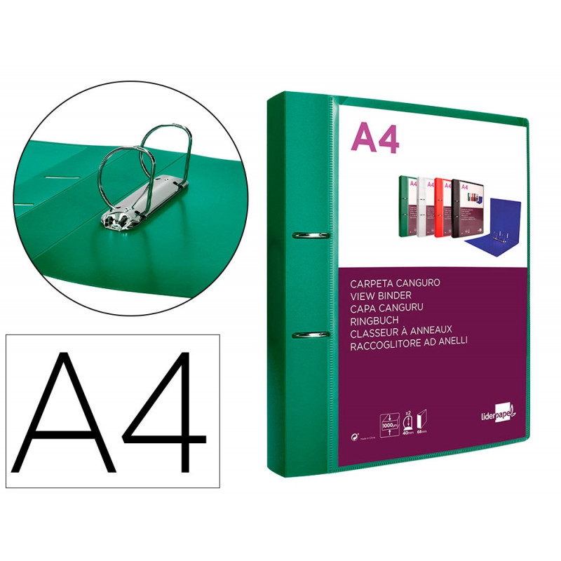 Classeur kangourou liderpapel 2 anneaux en d 40mm polypropylene 283x320mm document a4 coloris vert