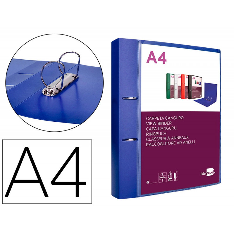 Classeur kangourou liderpapel 2 anneaux en d 40mm polypropylene 283x320mm document a4 coloris bleu translucide