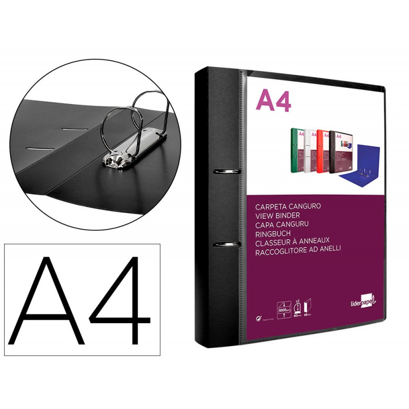 Classeur kangourou liderpapel 2 anneaux en d 40mm polypropylene 283x320mm document a4 coloris noir