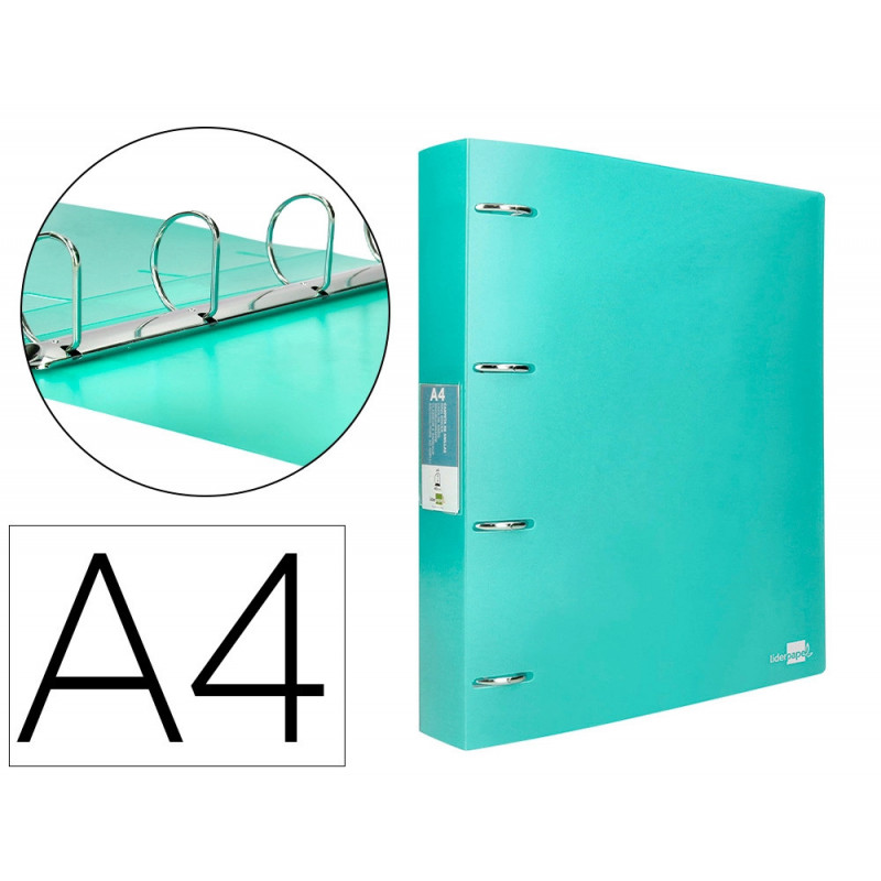Classeur liderpapel 4 anneaux 40mm a4 polypropylene dos 55mm porte-cartes de visite coloris vert pomme