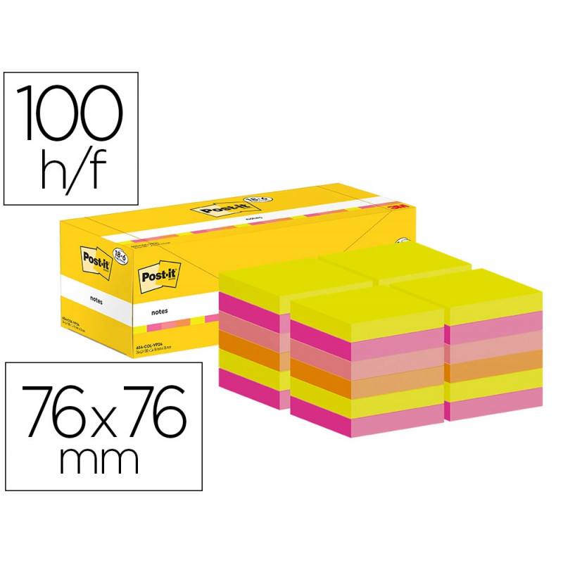 Bloc-notes post-it 76x76mm 100f repositionnables coloris assortis boite 24 blocs (18+6 gratuits)