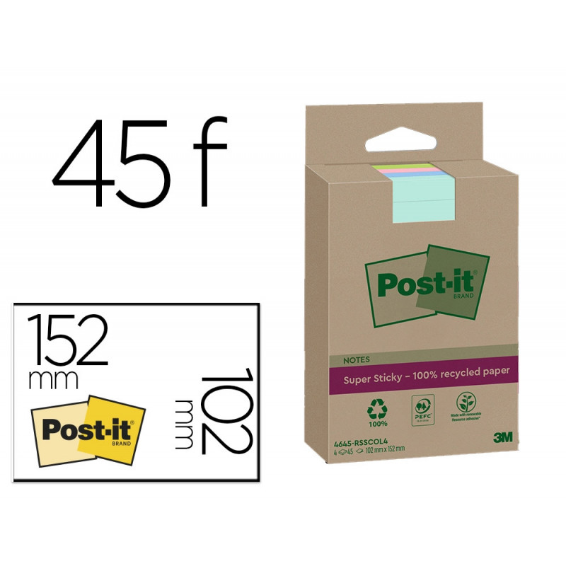 Bloc-notes post-it super sticky grand format recycles 102x152mm 45f repositionnables lignes col. assortis pack 4 blocs