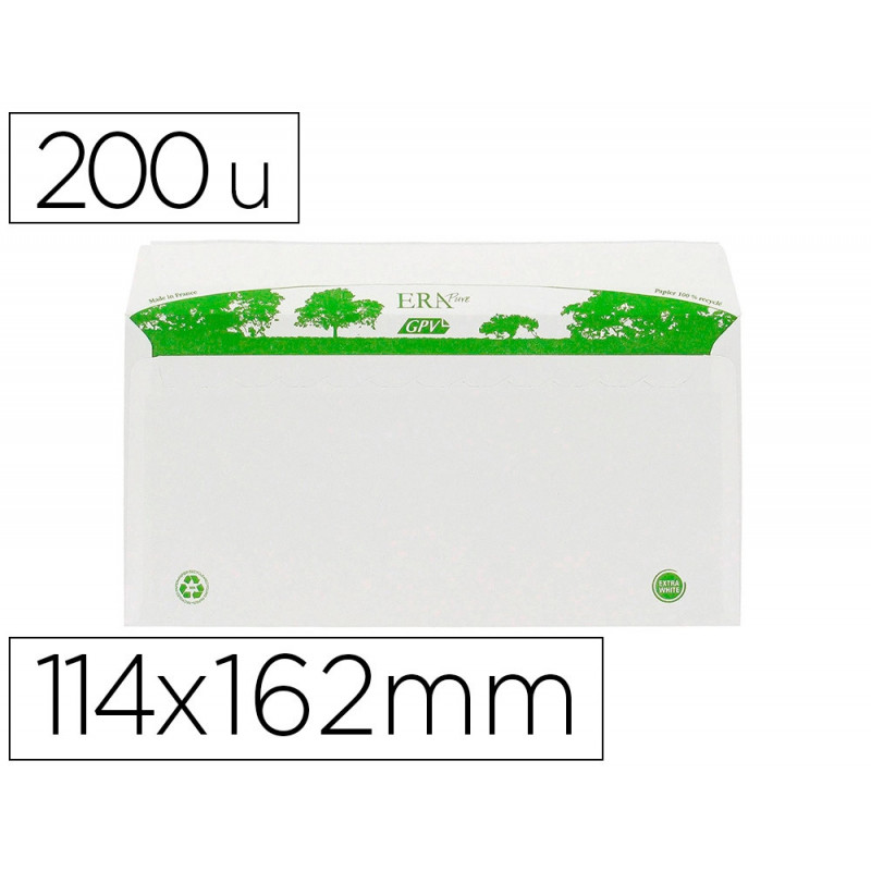 Enveloppe gpv c6 bande de protection 80g recycles 114x162 blanche boite de 200