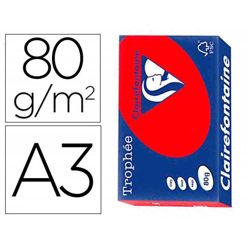 Papier clairefontaine multifonction laser couleur trophe a3 80g/m2 rouge corail parfaite opacite paquet 500