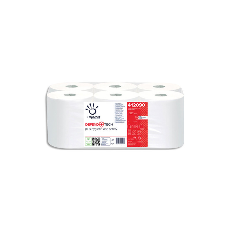 PAPERNET Colis de 6 bobines d'essuie-mains 2 plis pure ouate de cellulose L140m Blanc pour Autocut