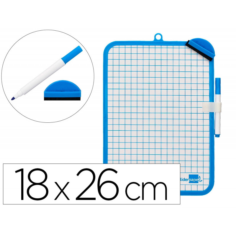 Ardoise scolaire liderpapel 18x26cm double face unie et quadrillee avec feutre et effacette magnetique coloris