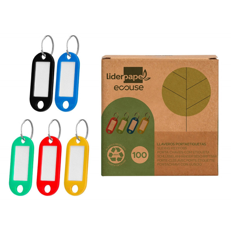 Porte-cles avec porte-etiquettes liderpapel ecouse plastique 100% recycle 50x22mm boite de 100 assortis