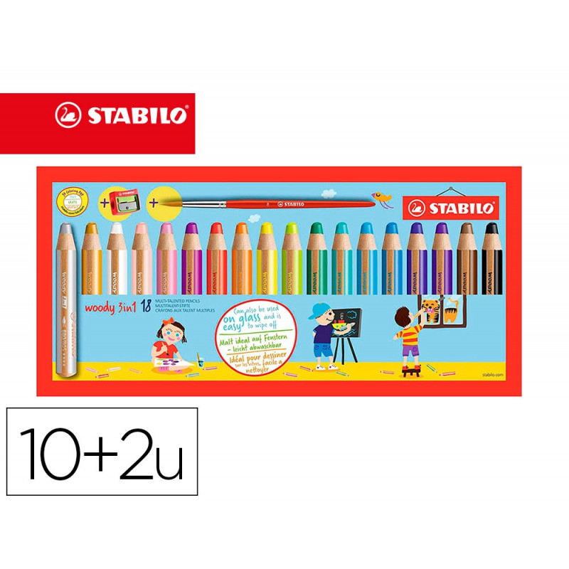 Crayon couleur stabilo woody multi talent 18 crayons 3 en 1 arty +1 pinceau rond taille 8 + 1 taille crayon