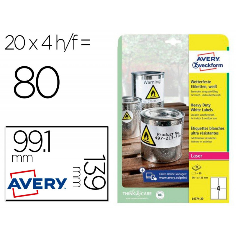Etiquette avery ultra resistantes polyester laser blanc 99,1 x 139mm boite de 80