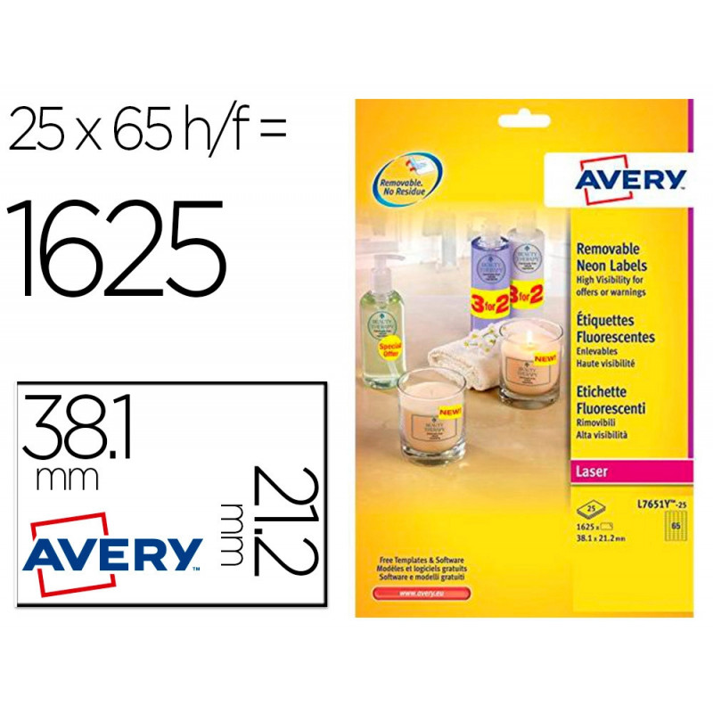Etiquette avery fluorescente laser jaune 38,1 x 21,2mm boite de 1625