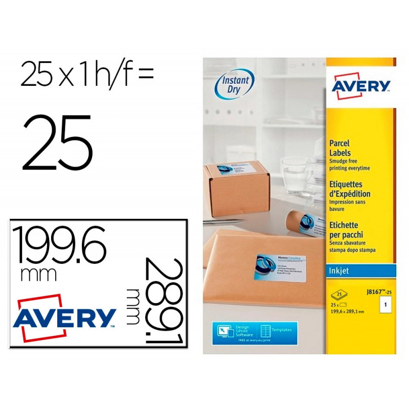 Etiquette autocollante avery expedition jet d'encre blanches 199,6 x 289,1mm boite15 unites