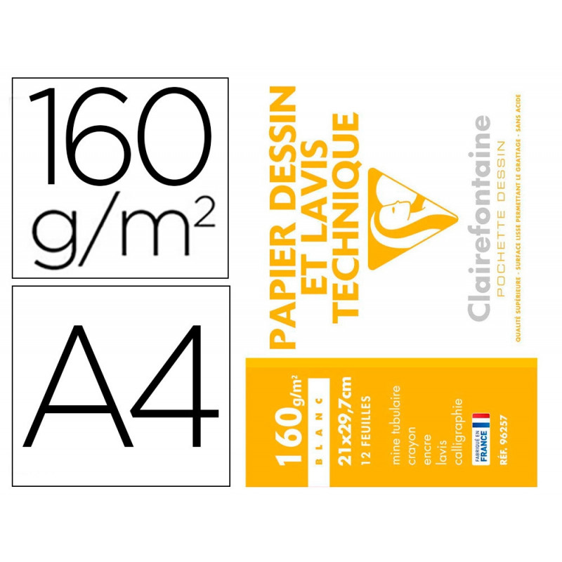 Pochette dessin et lavis clairefontaine papier 160g surface lisse format a4 21 x 29,7 cm 12 feuilles