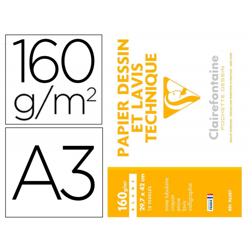 Pochette dessin et lavis clairefontaine papier 160g surface lisse format . format a3 29,7 x 42cm 10 feuilles