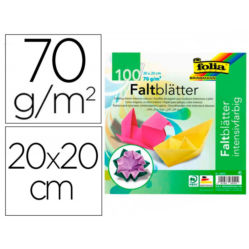 Papier couleur a plier 70gr/m2 100 feuilles 20x20cm couleurs assorties