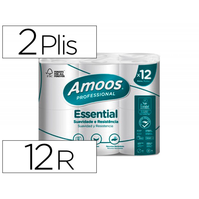 Papier hygienique amoos domestique 2 plis 20m paquet de 12 rouleaux