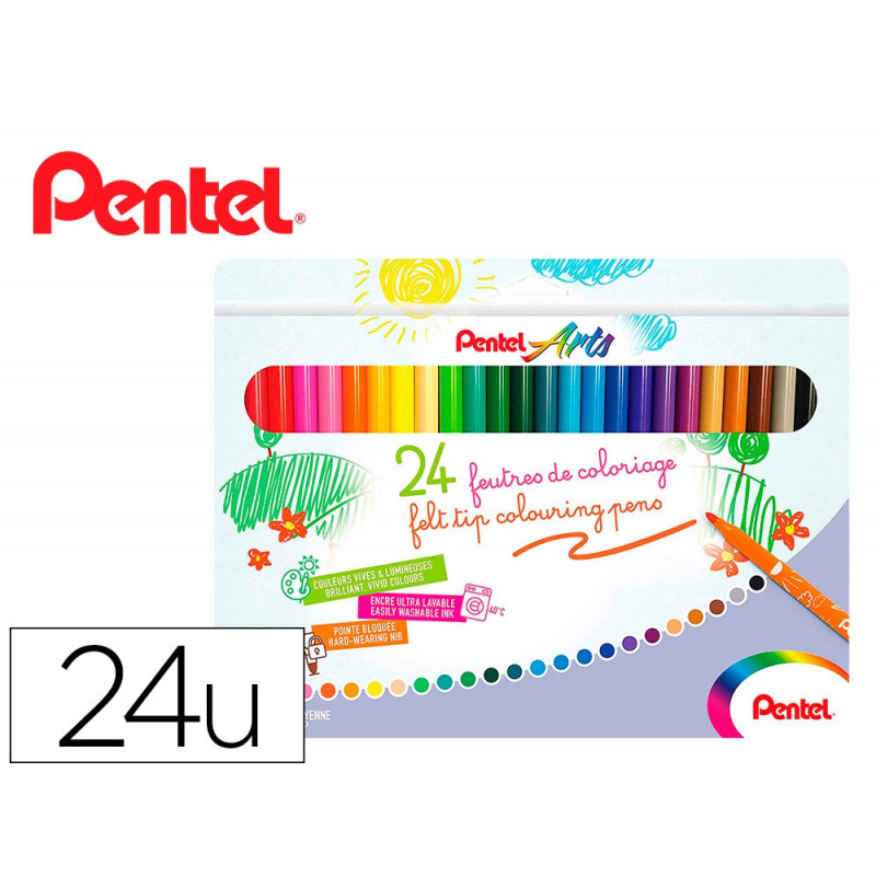 Boite de 24 feutres de coloriage pental encre ultra lavable pointe moyenne 3,9mm