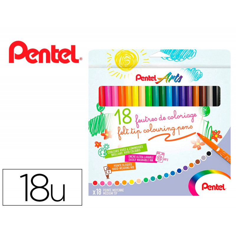 Boite de 18 feutres de coloriage pental encre ultra lavable pointe moyenne 3,9mm