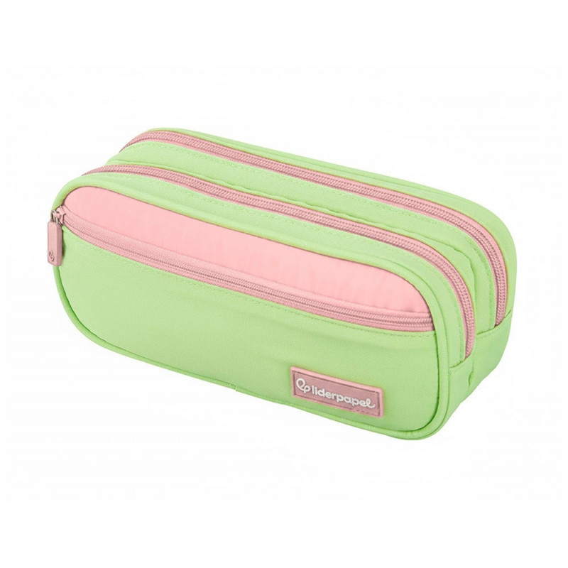 Trousse liderpapel duo 3 fermetures eclair avec poche a l'avant coloris vert pastel 220x90x70mm