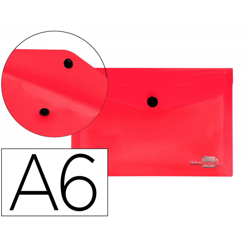 Pochette enveloppe liderpapel polypropylène 180 microns a6 148x105mm 50f fermeture bouton transparent rouge