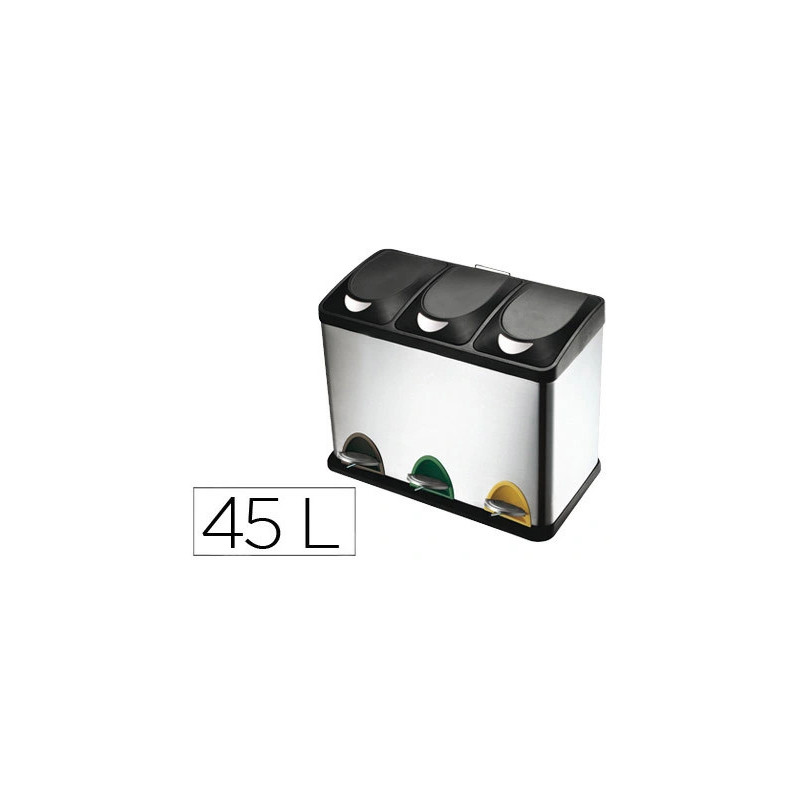 Poubelle q-connect métallique pédale couvercle plastique 45l 3 compartiments 15l