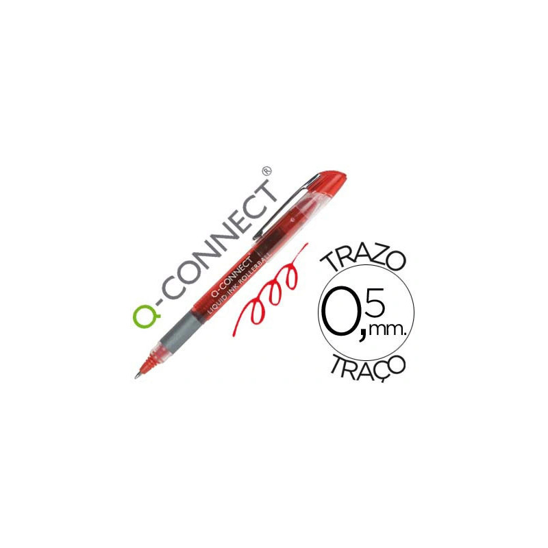 Roller q-connect écriture 0.5mm pointe moyenne 0.7mm grip caoutchouc corps transparent encre liquide couleur rouge