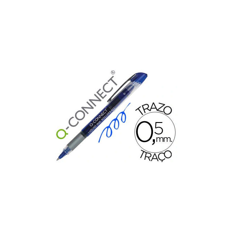 Roller q-connect écriture 0.5mm pointe moyenne 0.7mm grip caoutchouc corps transparent encre liquide couleur bleu