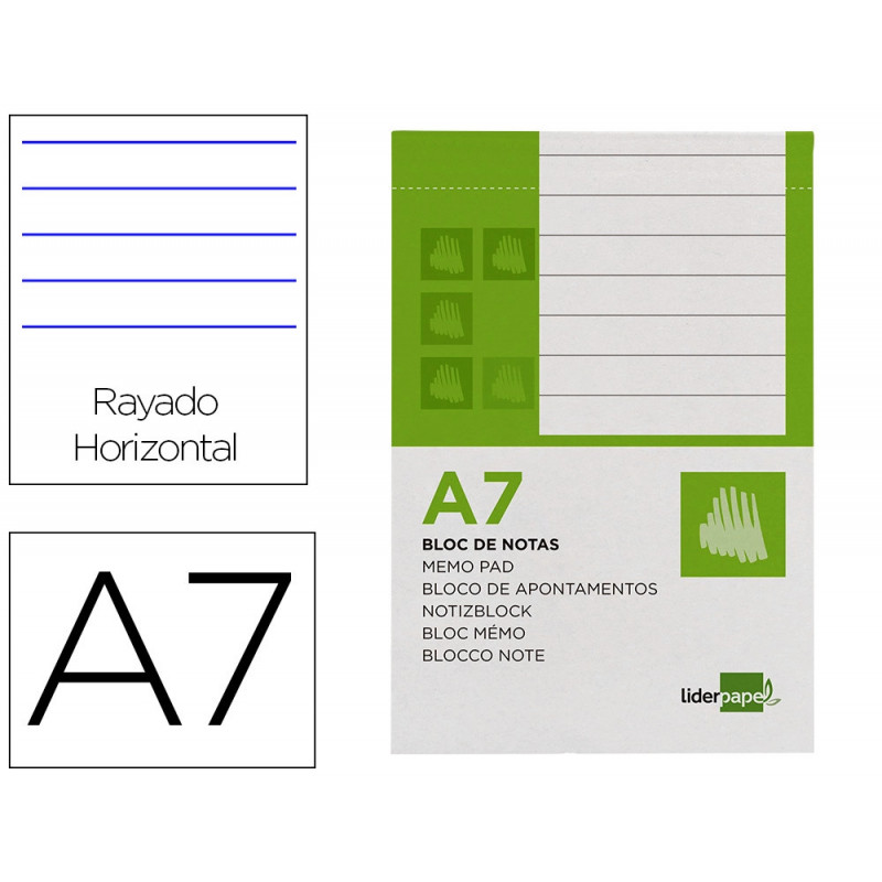 Bloc notes liderpapel perforé ligné a7 105x74mm paysage couverture carton imprimé 250g/m2 80f 60g/m2