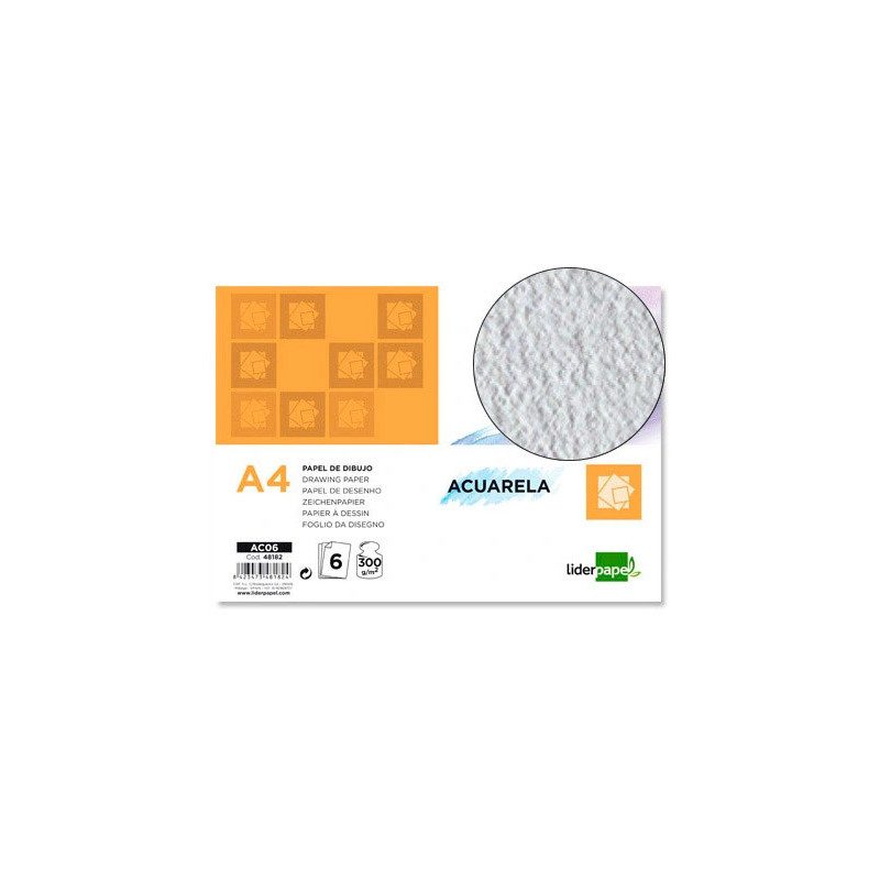 Papier dessin liderpapel aquarelle grain moyen 300g/m2 format a4 210x297mm minipack 6f