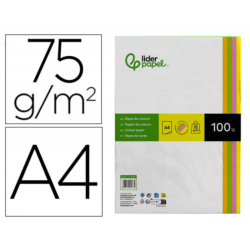 Papier couleur néon liderpapel multifonction a4 75g 4 coloris assortis néons jaune orange rose vert 100f